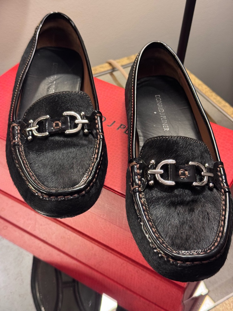 Donald J. Pliner Black Calf Hair Driver Loafers With Silver Horsebit - Size 8.5